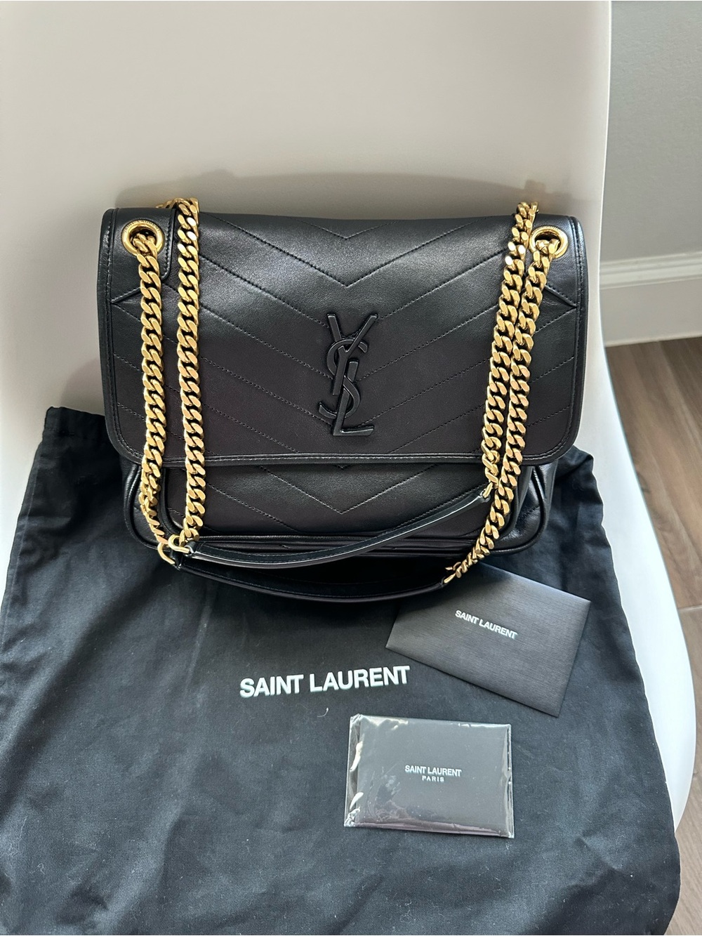 Saint Laurent Niki Medium Black Lambskin Leather Shoulder Bag with Gold Chain